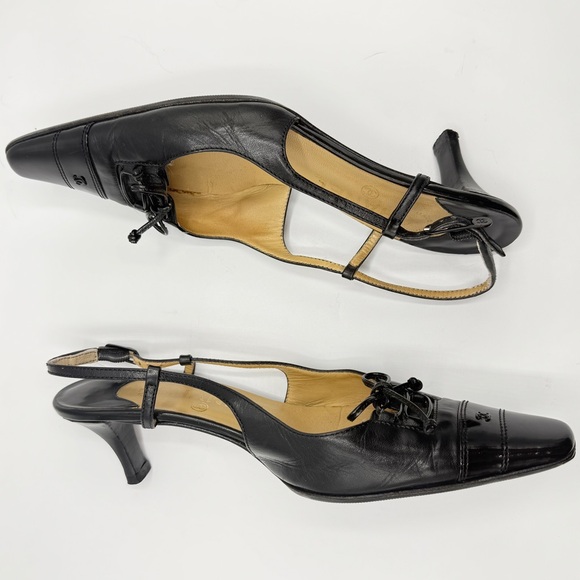 Vintage Chanel Patent Lambskin Black Leather CC Logo Ankle Buckle Slingback Heel - Picture 7 of 11